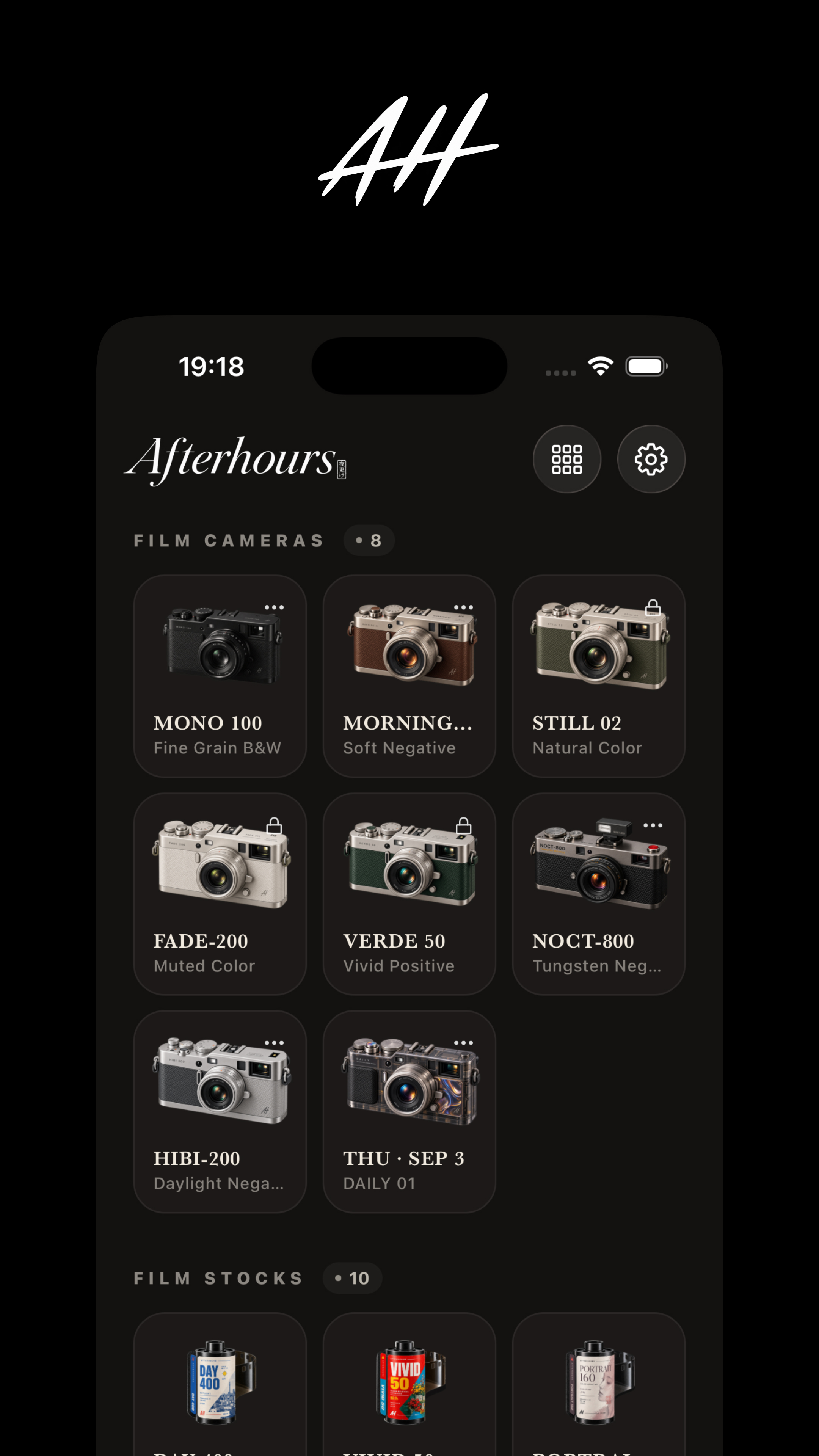 Afterhours app showing its shelf of film cameras and film stocks