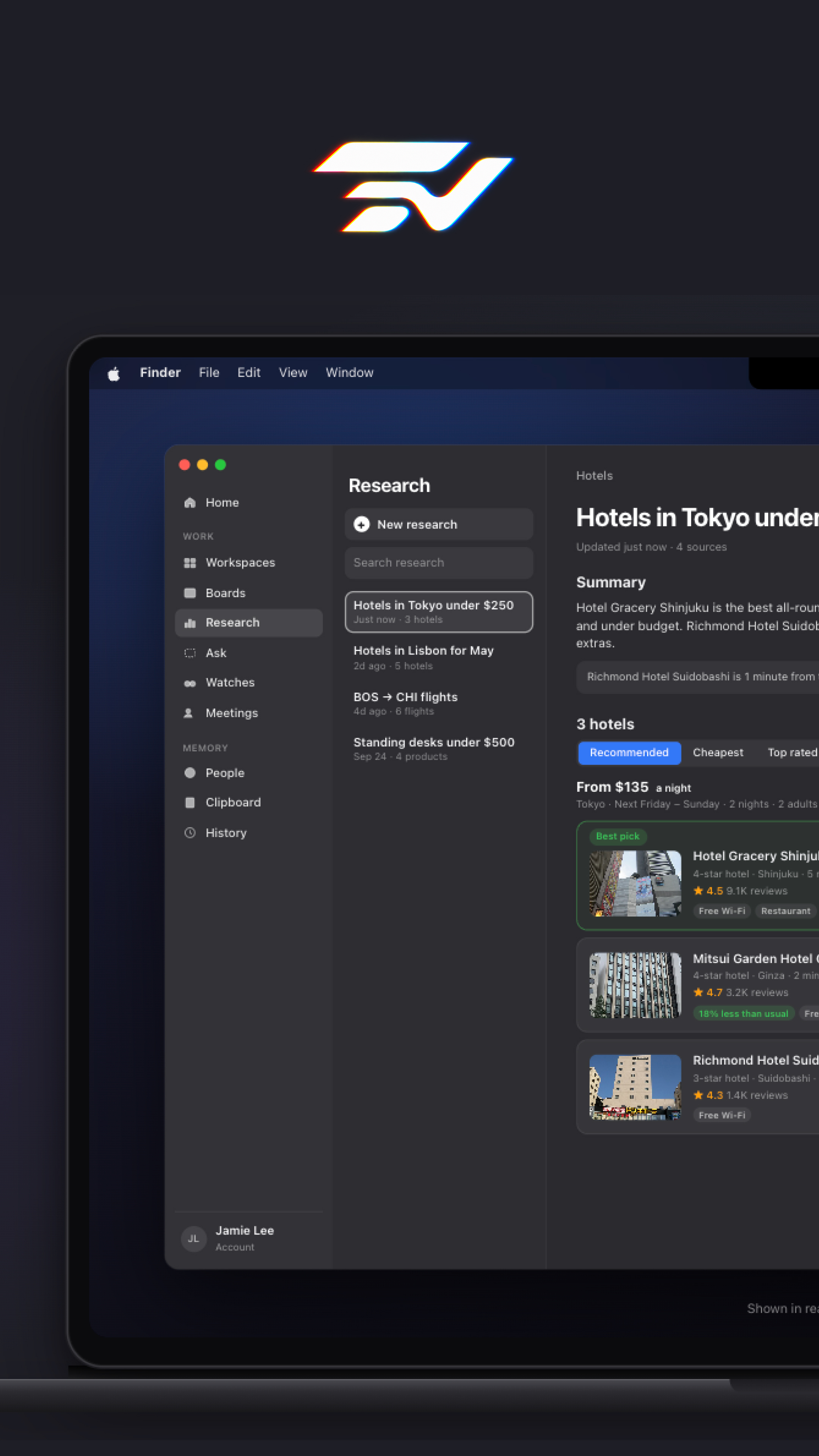 Beckon on a MacBook showing hotel research results for Tokyo under $250